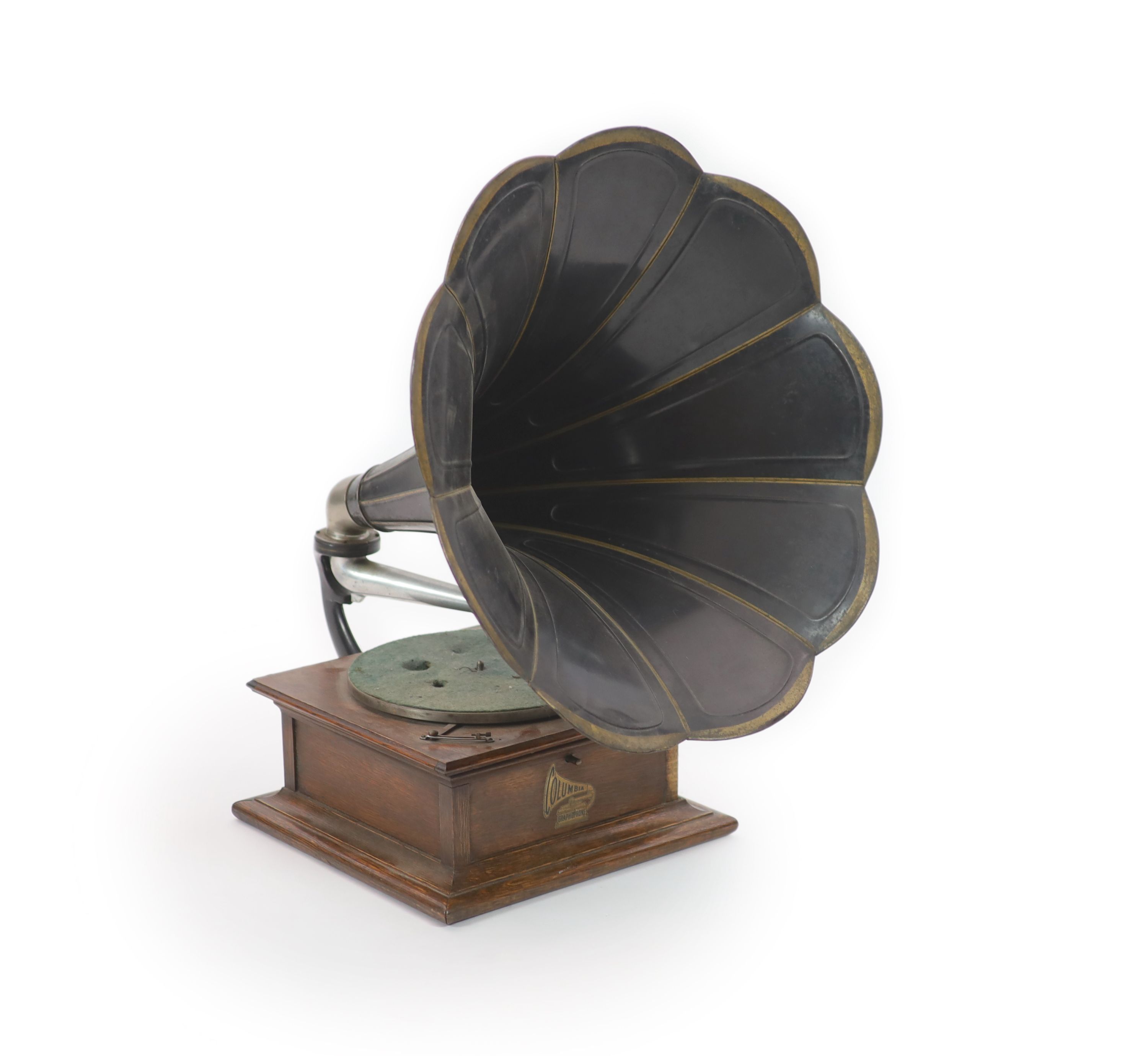 An Edwardian oak cased Columbia gramophone 70cm high.